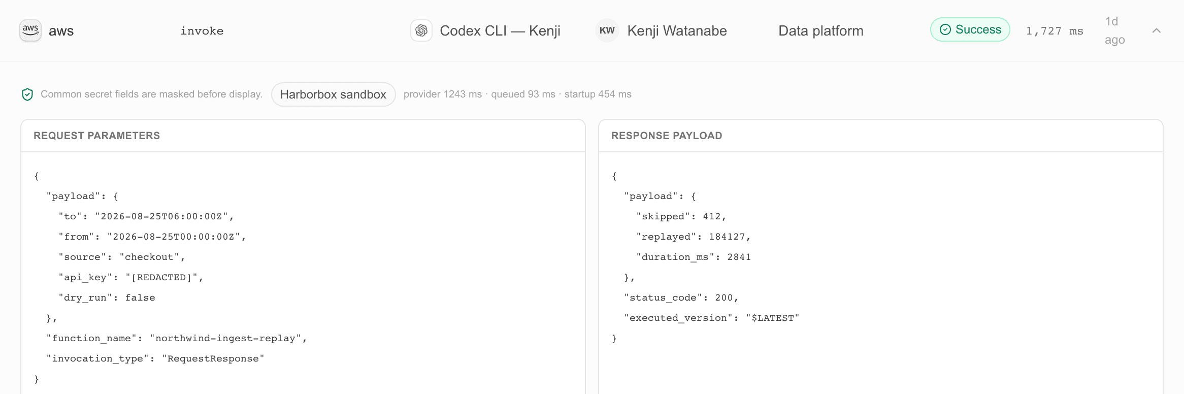 A Toolspoke audit record for an aws invoke call, its api_key argument shown as [REDACTED] beside the response.