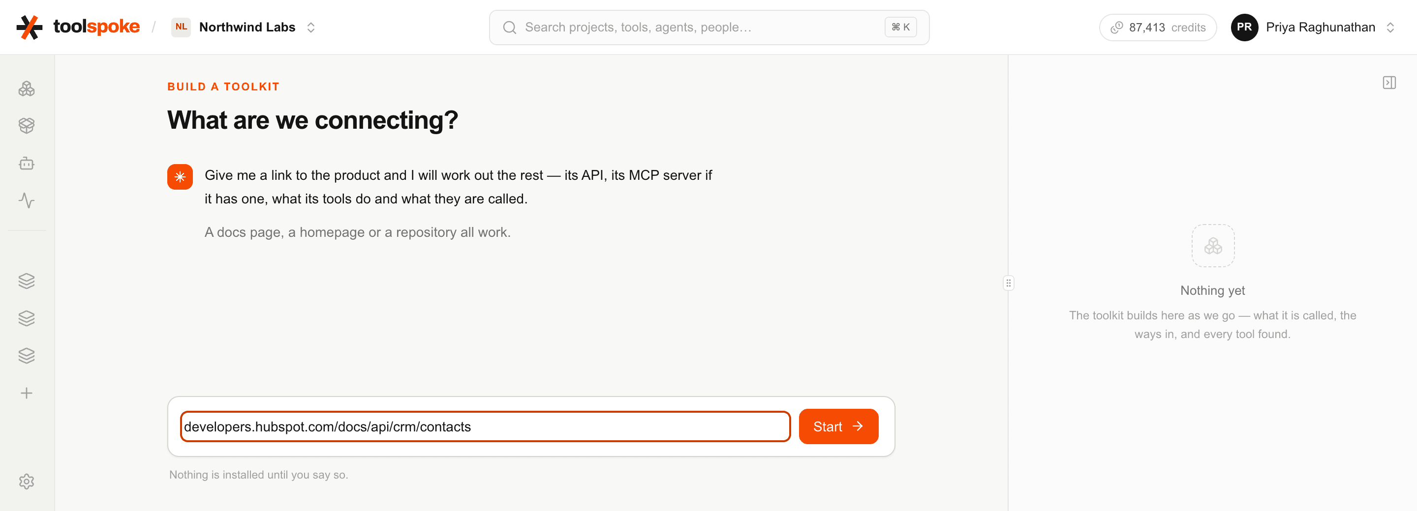 The Toolspoke toolkit builder, with a documentation URL typed into its source composer.